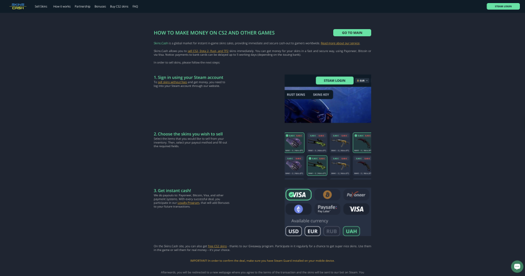 SKINS.CASH HOW IT WORKS – CS2 Guide SKINS.CASH HOW IT WORKS