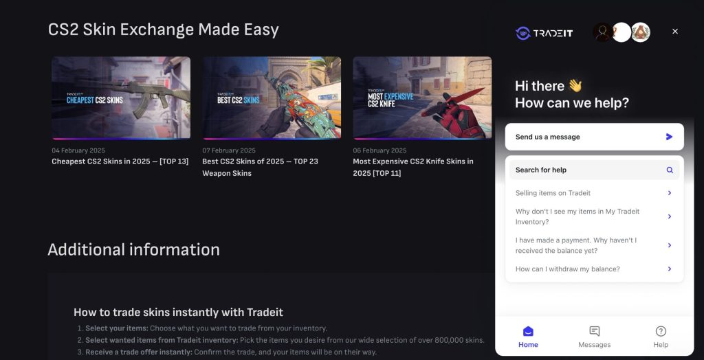 – CS2 Guide customer service tab tradeit.gg